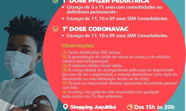 Amanhã (05) é dia de vacinação infantil contra a Covid-19 no Shopping Jequitibá