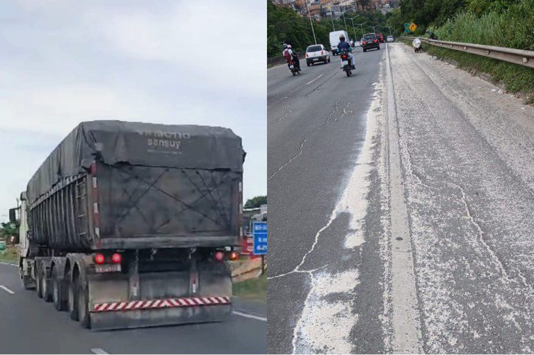 Derramando carga sobre a pista, carreta é retida pela PRF com 5 toneladas de excesso na BR-324